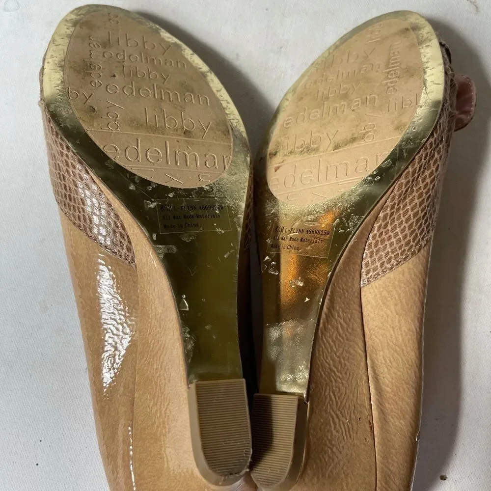 Libby Edelman taupe & brown snake skin print peep toe toe wedge shoes size 8.5